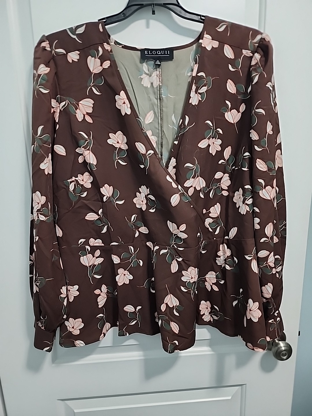 Eloquii Brown Wrap Blouse with Blush Floral Print